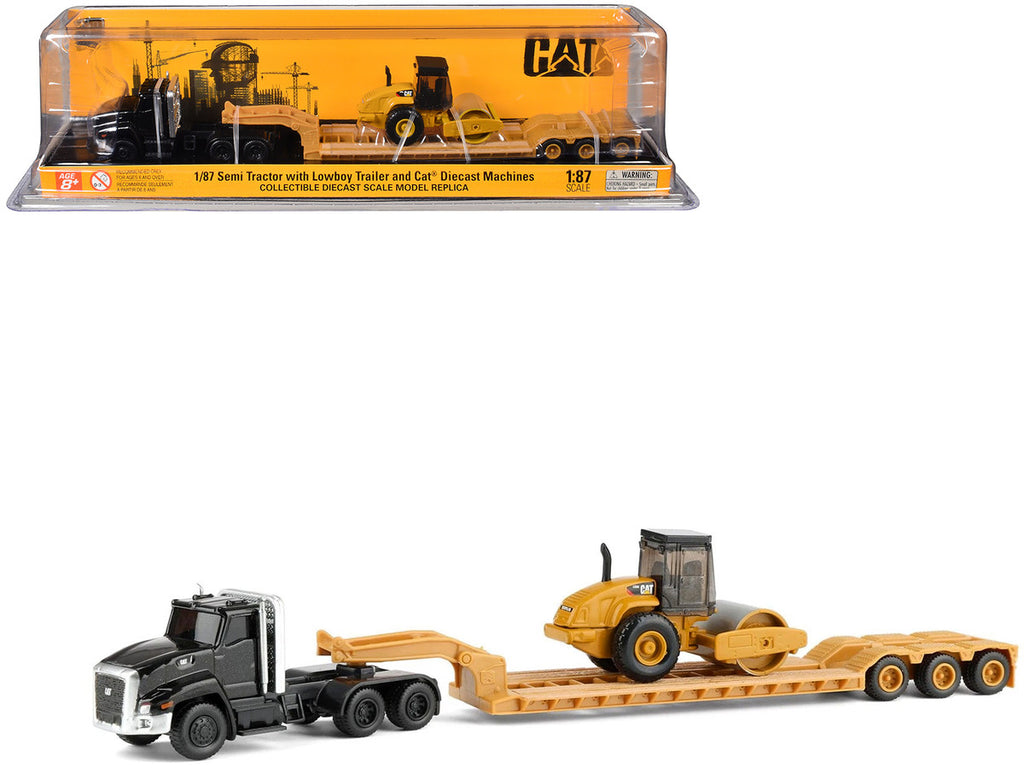 Kenworth T880 Tractor Black with Lowboy Trailer and CAT Roller Yellow 1/87 (HO) Diecast Model by Diecast Masters-4