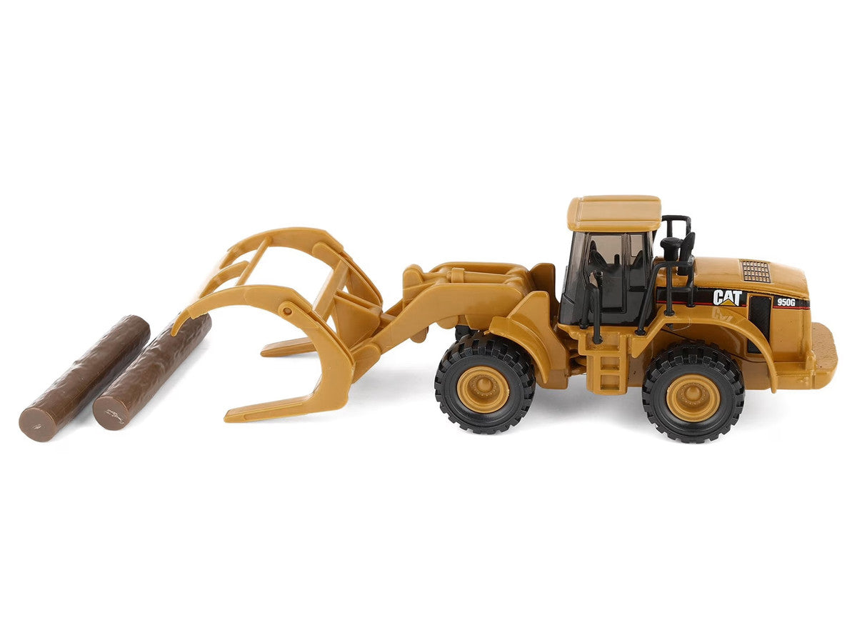 CAT Caterpillar 950G Wheel Loader Yellow with Log Fork and Wood Log Accessories 1/87 (HO) Diecast Model by Diecast Masters-0