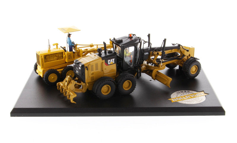 Cat Caterpillar No. 12 Motor Grader (Circa 1939-1959) and Cat Caterpillar 12M3 Motor Grader (Current) with Operators "Evolution Series" Set of 2 pieces 1/50 Diecast Models by Diecast Masters-1