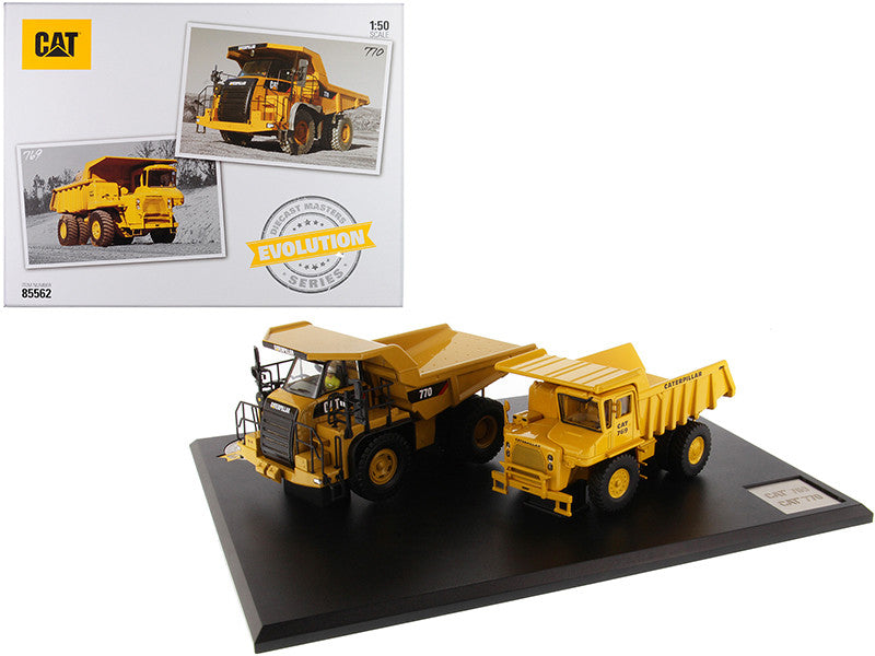 CAT Caterpillar 769 Off-Highway Truck (1963-2006) and CAT Caterpillar 770 Off-Highway Truck (2007-Present) with Operators "Evolution Series" Set of 2 pieces 1/50 Diecast Models by Diecast Masters-0