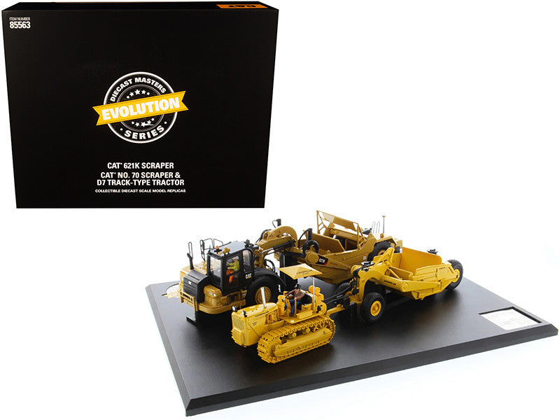 CAT Caterpillar 621K Tractor Scraper and CAT Caterpillar D7 Track-Type Tractor with No. 70 Scraper Set "Evolution Series" 1/50 Diecast Models by Diecast Masters-0