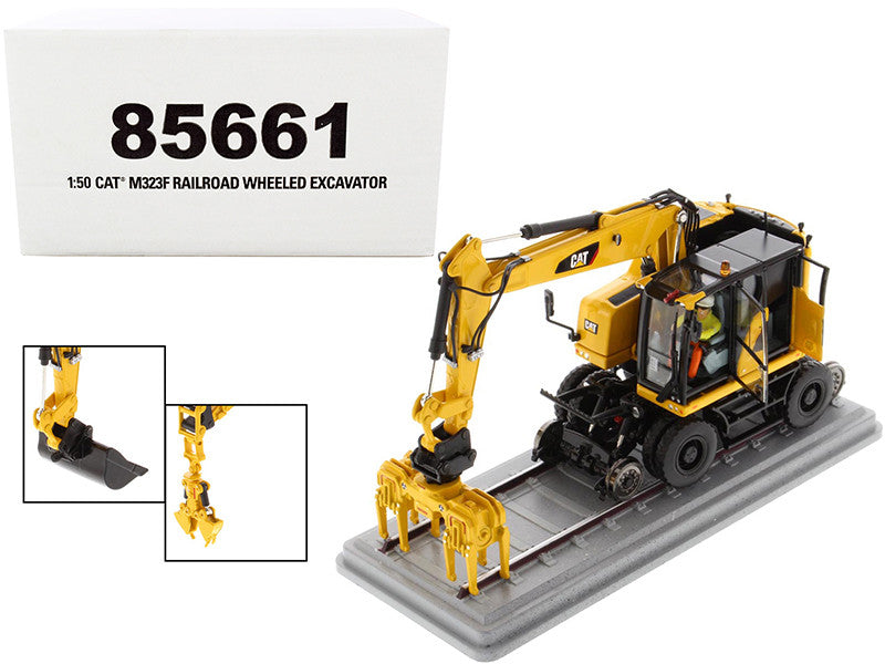 CAT Caterpillar M323F Railroad Wheeled Excavator with Operator and 3 Work Tools Safety Yellow Version "High Line Series" 1/50 Diecast Model by Diecast Masters-0