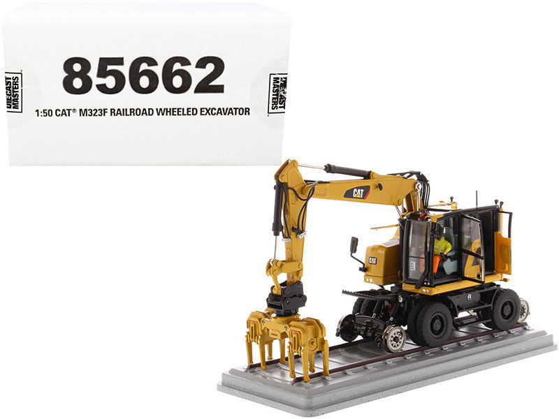 CAT Caterpillar M323F Railroad Wheeled Excavator with Operator and 3 Work Tools (CAT Yellow Version) "High Line Series" 1/50 Diecast Model by Diecast Masters-0