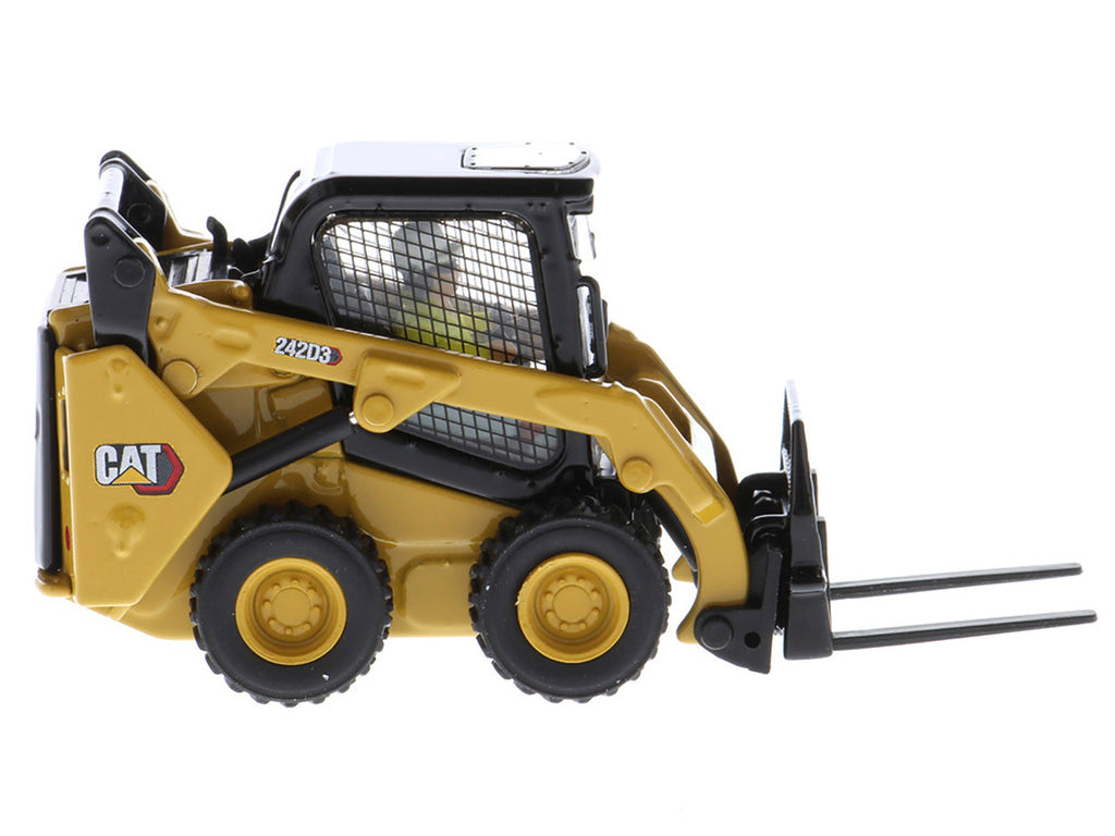CAT Caterpillar 242D3 Wheeled Skid Steer Loader with Work Tools and Operator Yellow "High Line Series" 1/50 Diecast Model by Diecast Masters-1