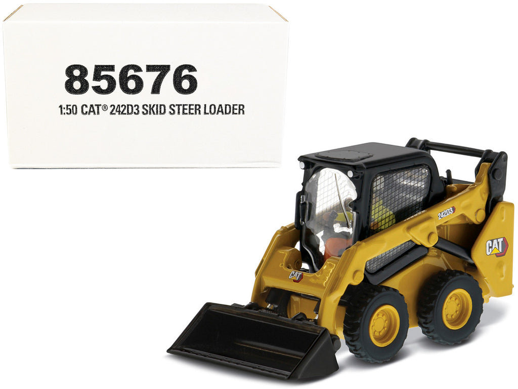 CAT Caterpillar 242D3 Wheeled Skid Steer Loader with Work Tools and Operator Yellow "High Line Series" 1/50 Diecast Model by Diecast Masters-0