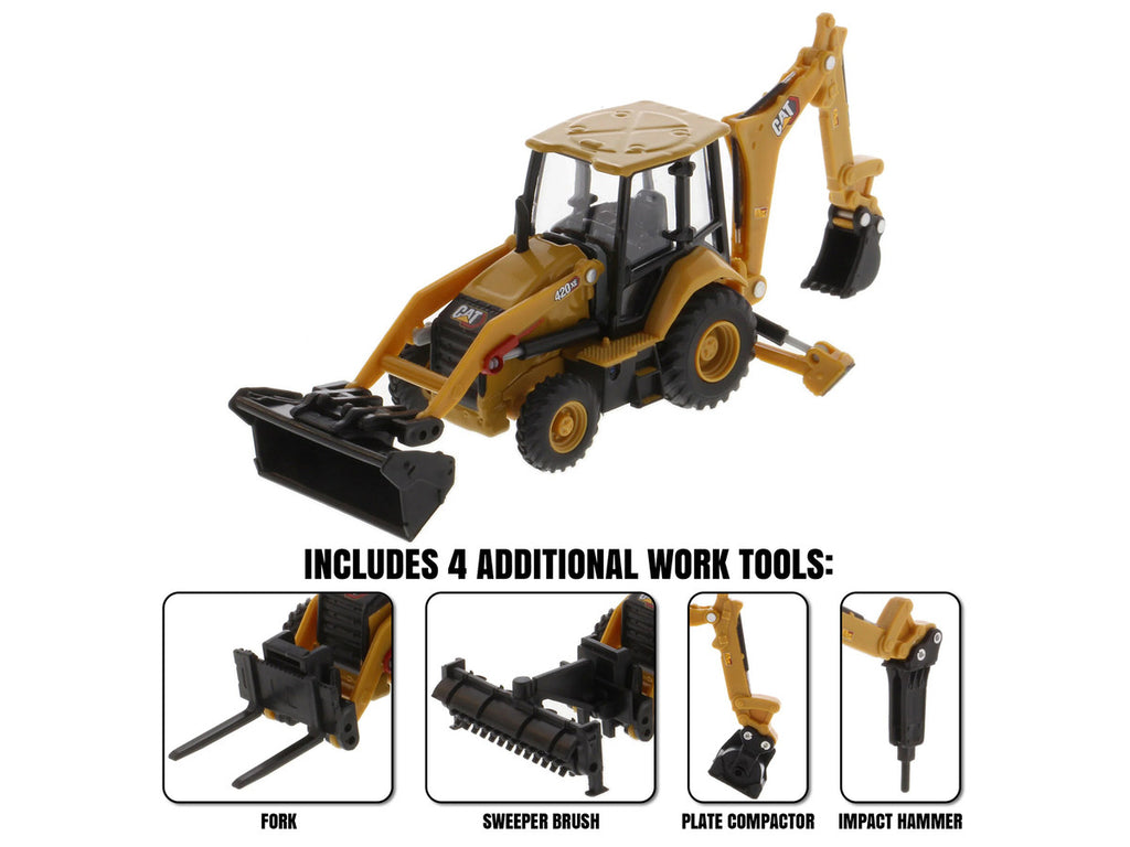 CAT Caterpillar 420 XE Backhoe Loader with Work Tools Yellow 1/64 Diecast Model by Diecast Masters-1