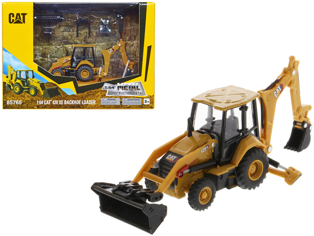 CAT Caterpillar 420 XE Backhoe Loader with Work Tools Yellow 1/64 Diecast Model by Diecast Masters-0