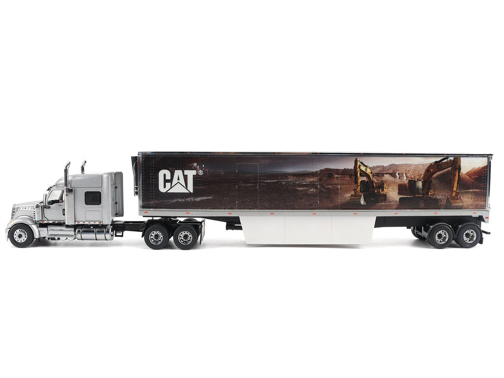 International Lonestar Truck with Sleeper Silver Metallic with "CAT Caterpillar" Mural Trailer "Transport Series" 1/50 Diecast Model by Diecast Masters-0
