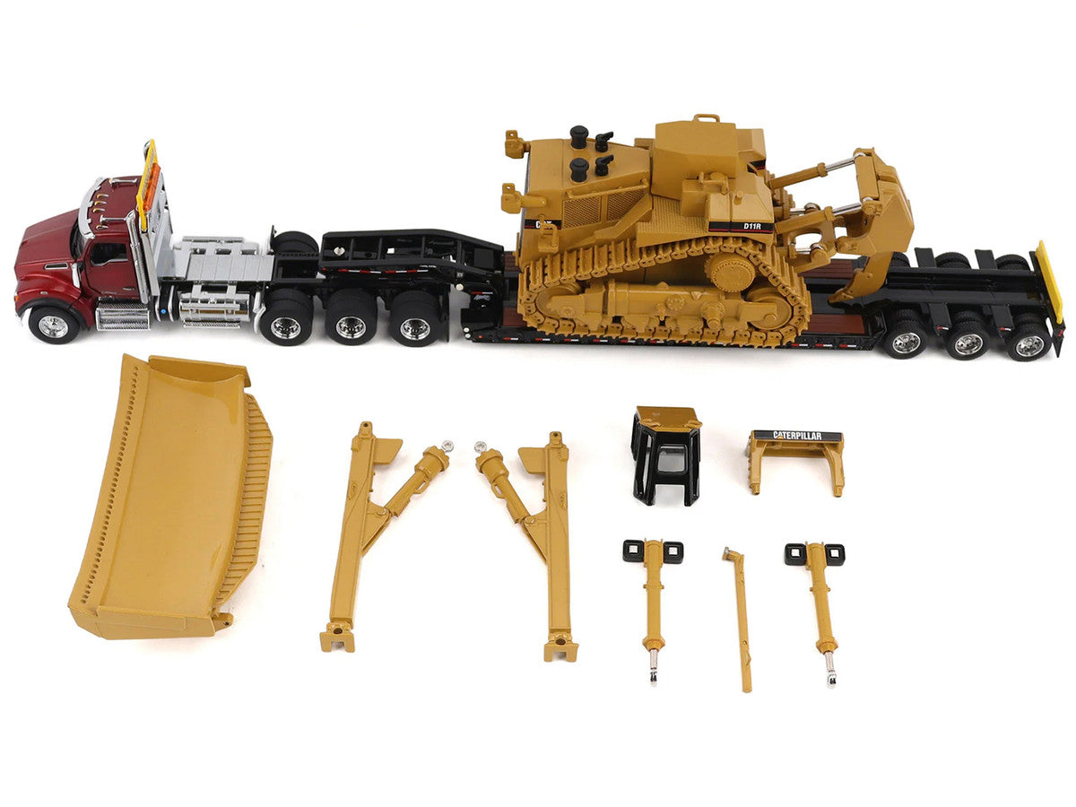 Kenworth T880 Day Cab Red and Trail King TK120 Lowboy Trailer with CAT Caterpillar D11R Dozer and Components Load "Transport Series" 1/50 Diecast Model by Diecast Masters-1