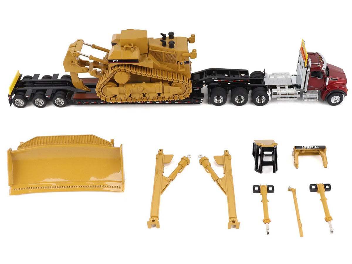 Kenworth T880 Day Cab Red and Trail King TK120 Lowboy Trailer with CAT Caterpillar D11R Dozer and Components Load "Transport Series" 1/50 Diecast Model by Diecast Masters-2