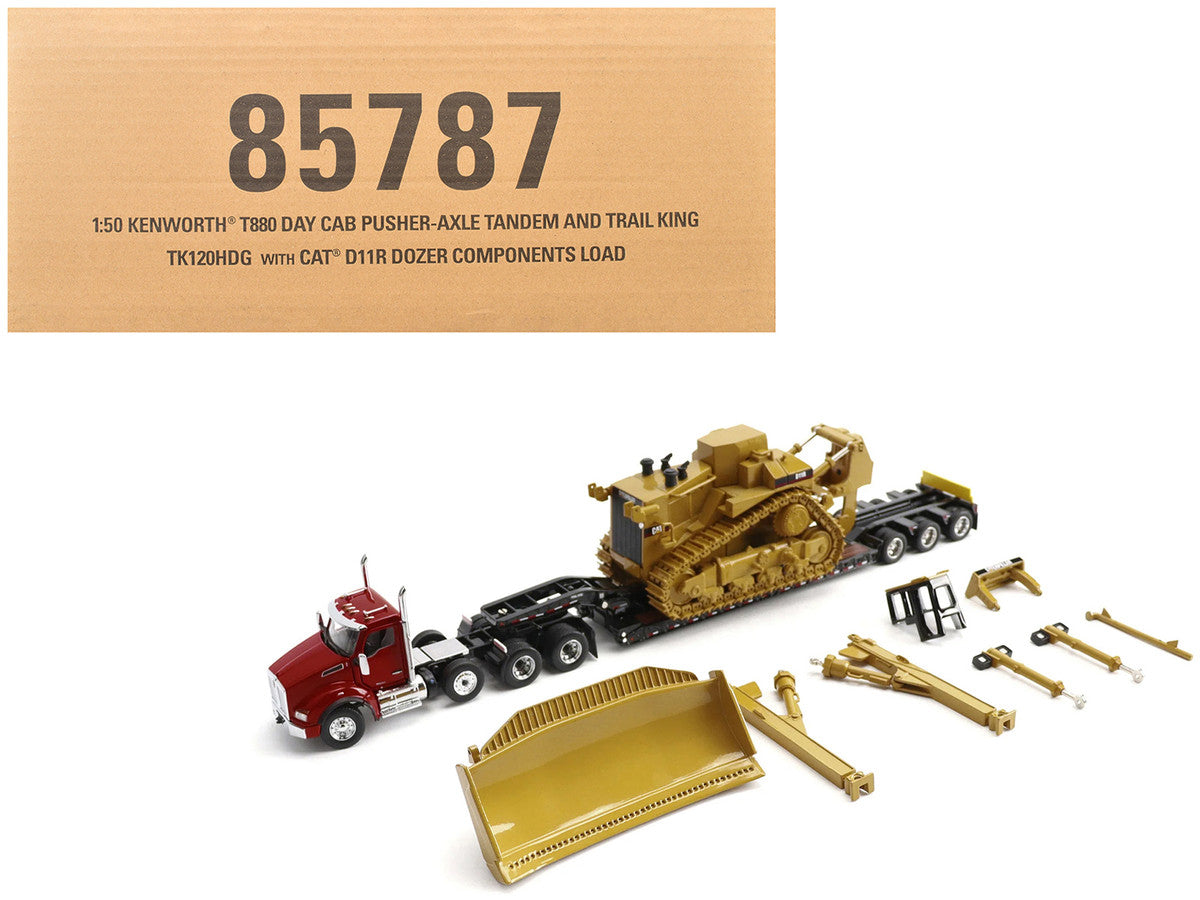 Kenworth T880 Day Cab Red and Trail King TK120 Lowboy Trailer with CAT Caterpillar D11R Dozer and Components Load "Transport Series" 1/50 Diecast Model by Diecast Masters-3