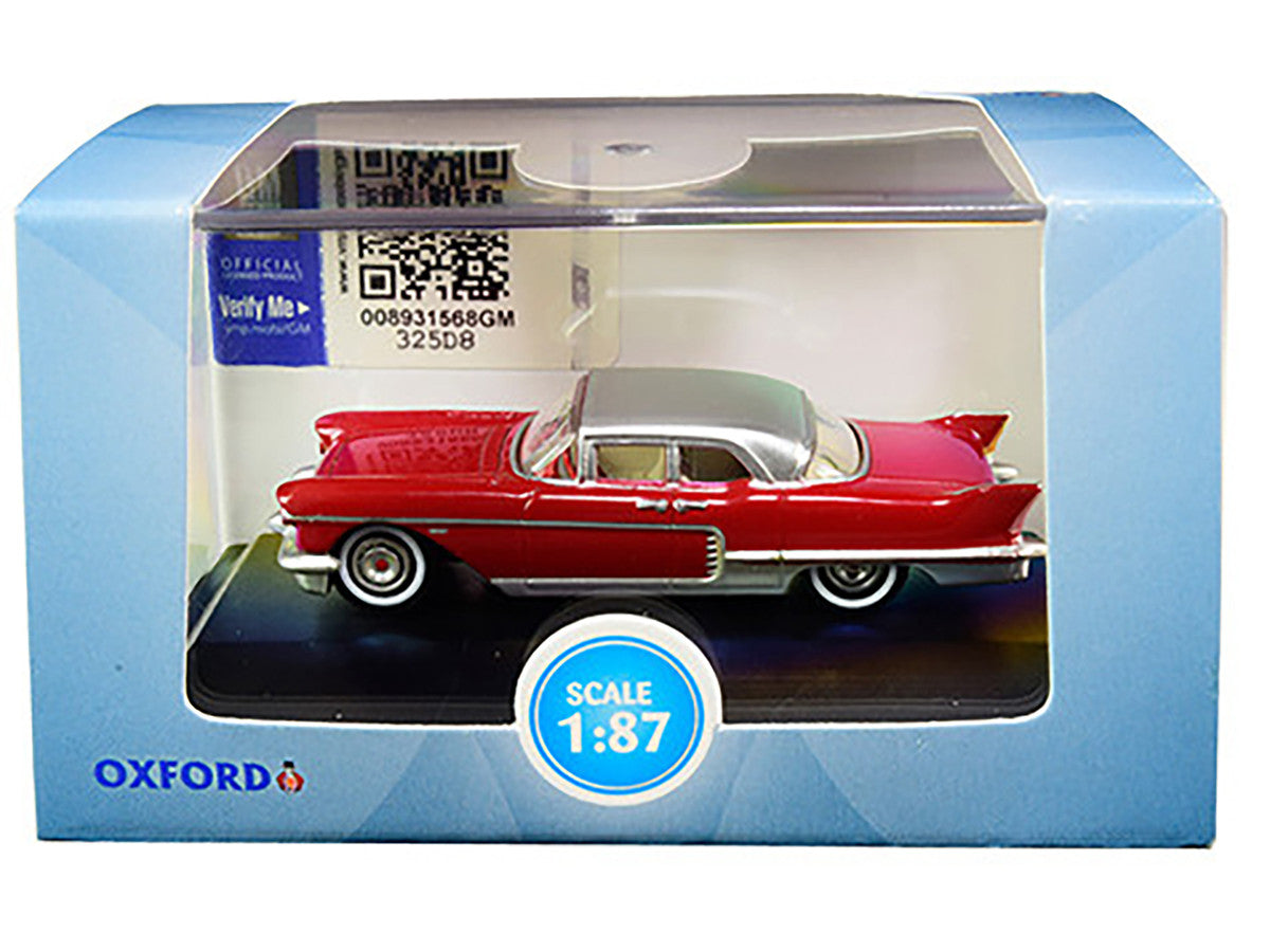 1957 Cadillac Eldorado Brougham Dakota Red with Silver Metallic Top 1/87 (HO) Scale Diecast Model Car by Oxford Diecast-2