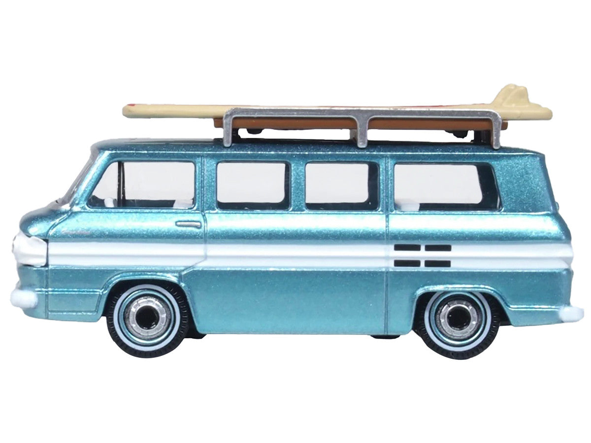 1961 Chevrolet Corvair Greenbrier Passenger Wagon Van Turquoise Metallic and Cameo White with Surfboards on Roof 1/87 (HO) Scale Diecast Model Car by Oxford Diecast-1