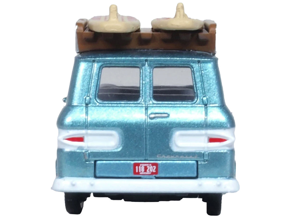 1961 Chevrolet Corvair Greenbrier Passenger Wagon Van Turquoise Metallic and Cameo White with Surfboards on Roof 1/87 (HO) Scale Diecast Model Car by Oxford Diecast-2
