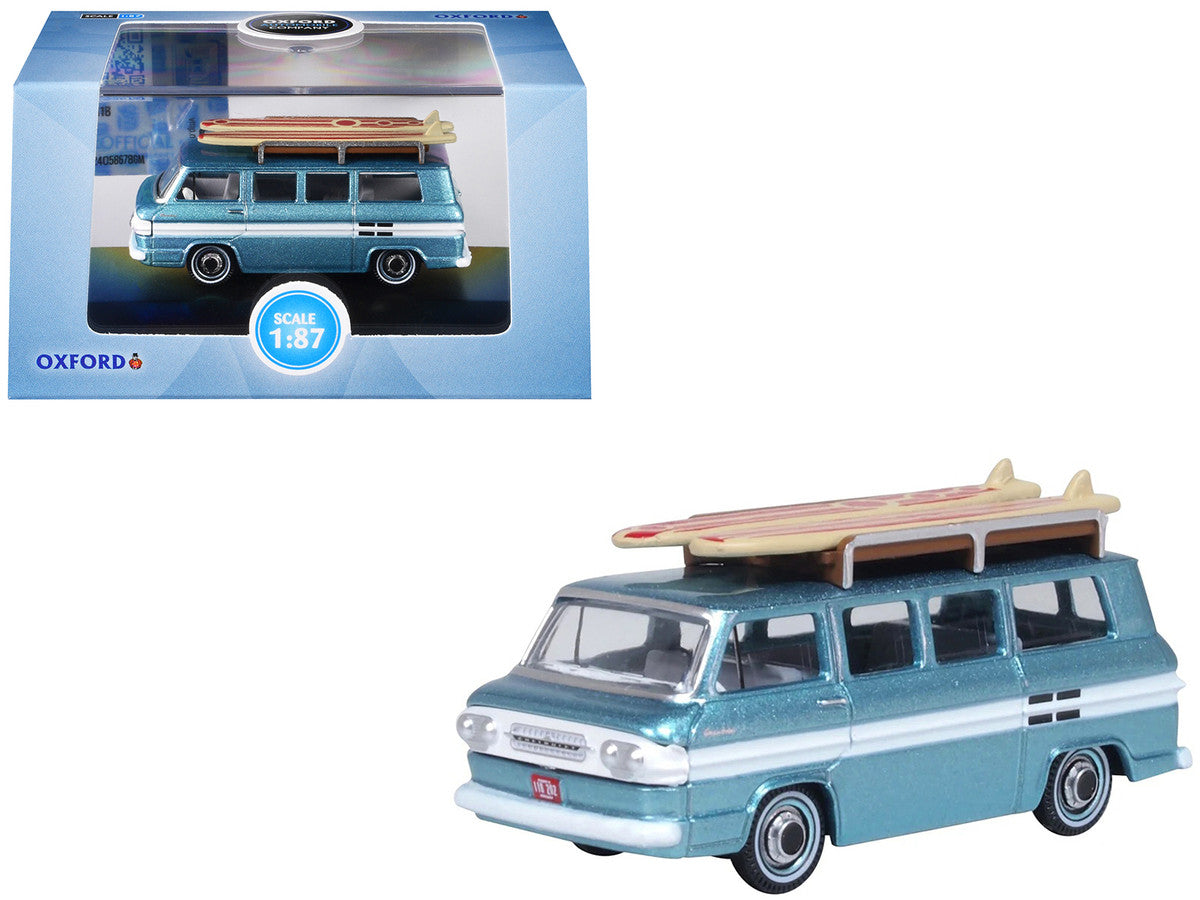 1961 Chevrolet Corvair Greenbrier Passenger Wagon Van Turquoise Metallic and Cameo White with Surfboards on Roof 1/87 (HO) Scale Diecast Model Car by Oxford Diecast-3