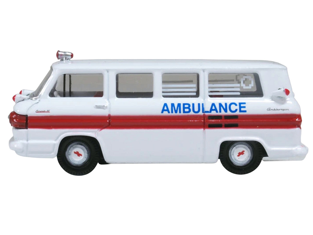 1962 Chevrolet Corvair Greenbrier AmbleWagon Ambulance White with Red Stripes 1/87 (HO) Scale Diecast Model Car by Oxford Diecast-1