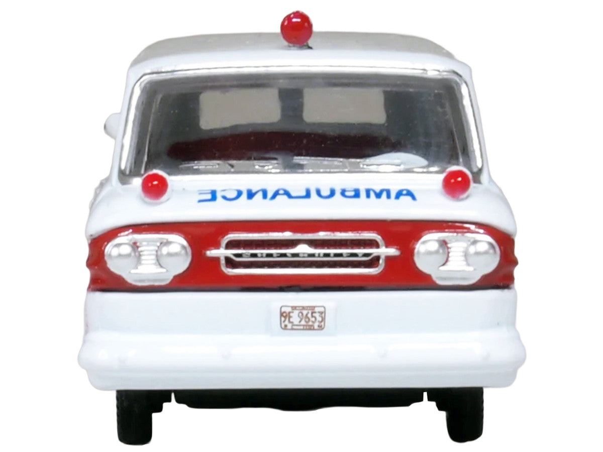 1962 Chevrolet Corvair Greenbrier AmbleWagon Ambulance White with Red Stripes 1/87 (HO) Scale Diecast Model Car by Oxford Diecast-3