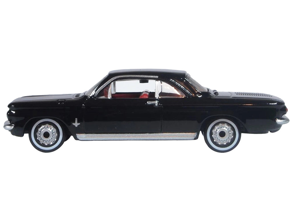 1963 Chevrolet Corvair Coupe Tuxedo Black with Red Interior  1/87 (HO) Scale Diecast Model Car by Oxford Diecast-0