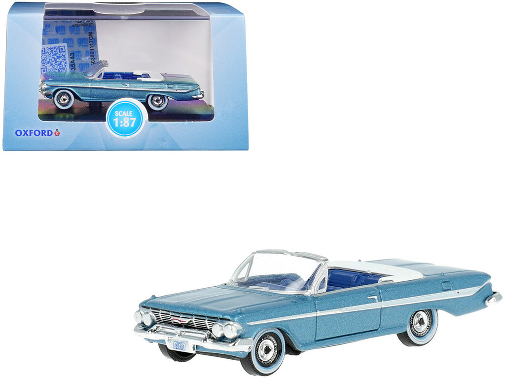 1961 Chevrolet Impala Convertible Jewel Blue Metallic and White with Blue Interior 1/87 (HO) Scale Diecast Model Car by Oxford Diecast-0