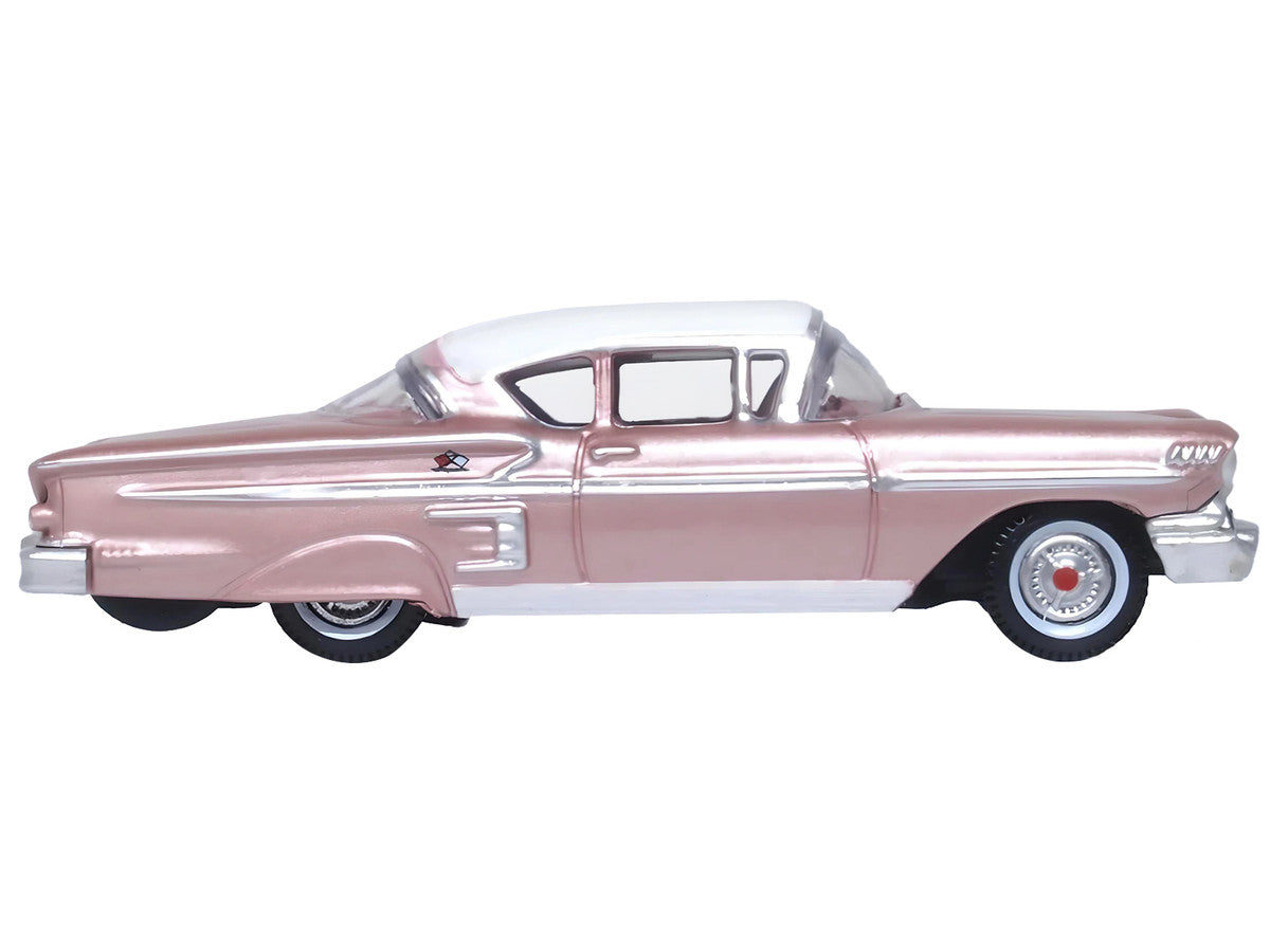 1958 Chevrolet Impala Sport Cay Coral Pink Metallic with White Top 1/87 (HO) Scale Diecast Model Car by Oxford Diecast-1