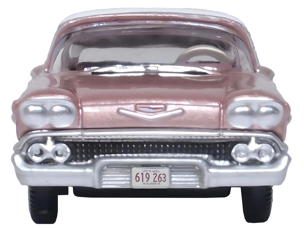 1958 Chevrolet Impala Sport Cay Coral Pink Metallic with White Top 1/87 (HO) Scale Diecast Model Car by Oxford Diecast-2