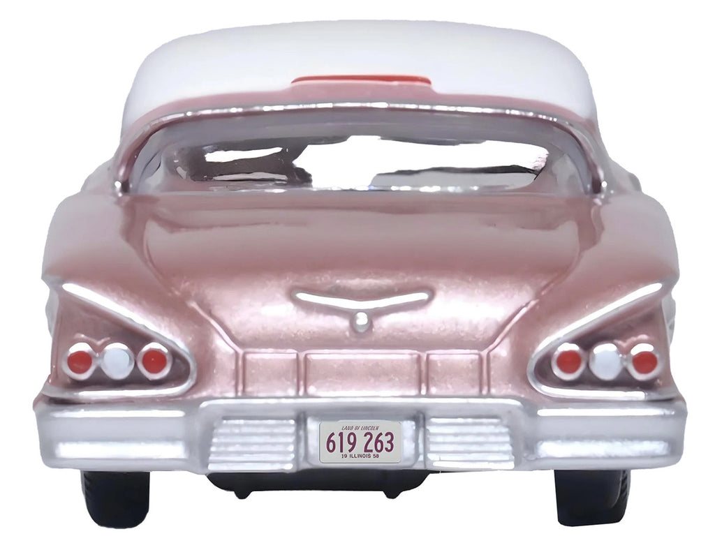 1958 Chevrolet Impala Sport Cay Coral Pink Metallic with White Top 1/87 (HO) Scale Diecast Model Car by Oxford Diecast-3