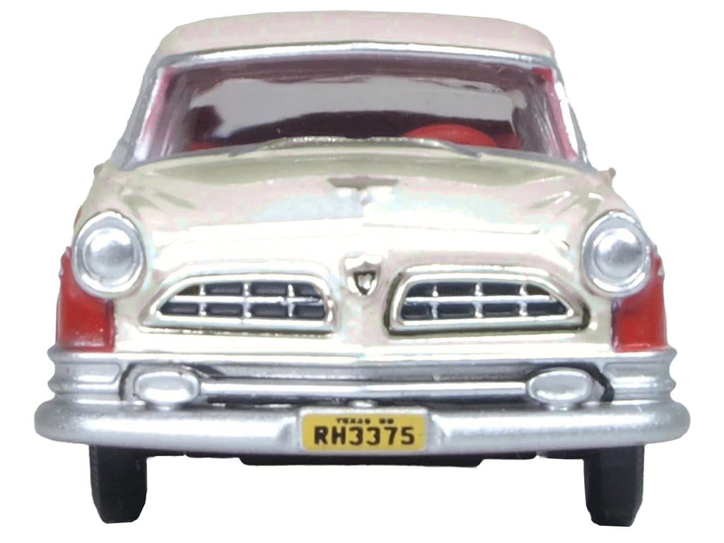 1955 Chrysler New Yorker Deluxe St. Regis Tango Red and Platinum Metallic 1/87 (HO) Scale Diecast Model Car by Oxford Diecast-1