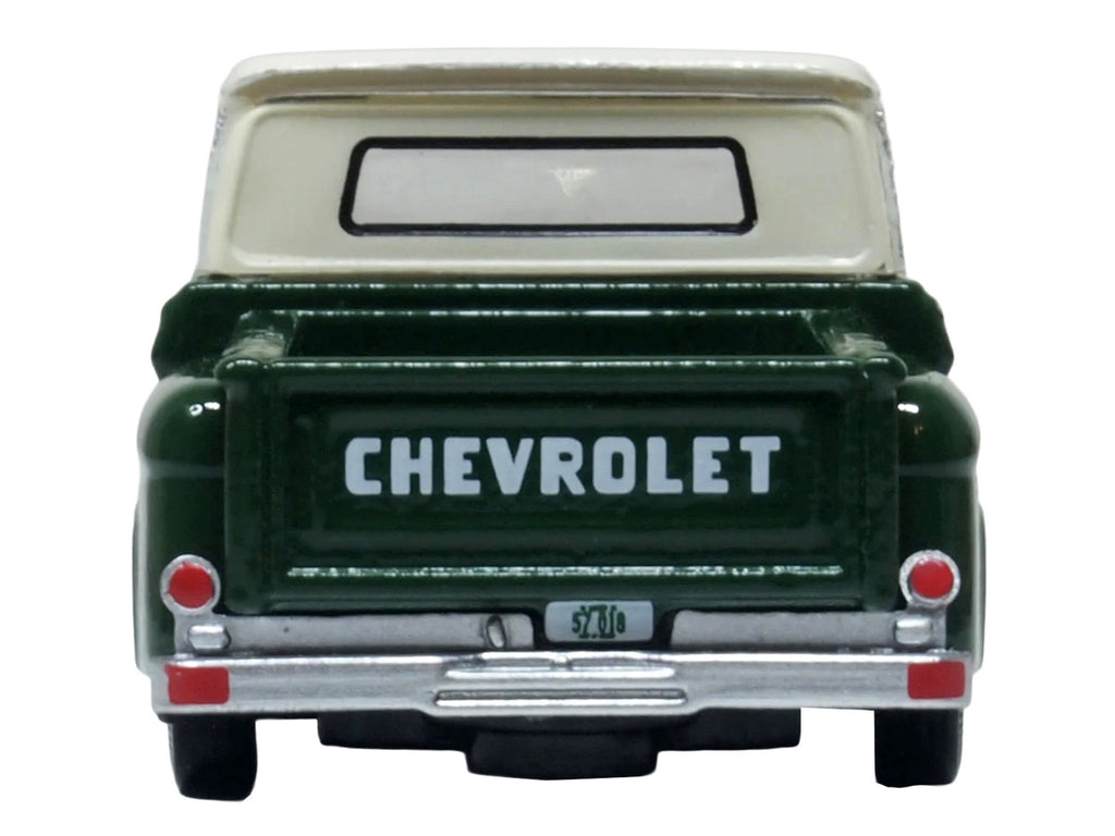 1965 Chevrolet C10 Stepside Pickup Truck Dark Green with Ivory Top 1/87 (HO) Scale Diecast Model Car by Oxford Diecast-0