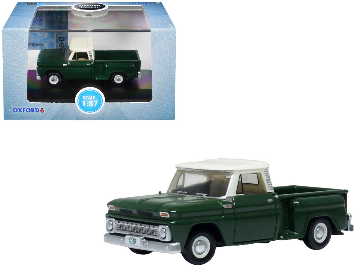 1965 Chevrolet C10 Stepside Pickup Truck Dark Green with Ivory Top 1/87 (HO) Scale Diecast Model Car by Oxford Diecast-3