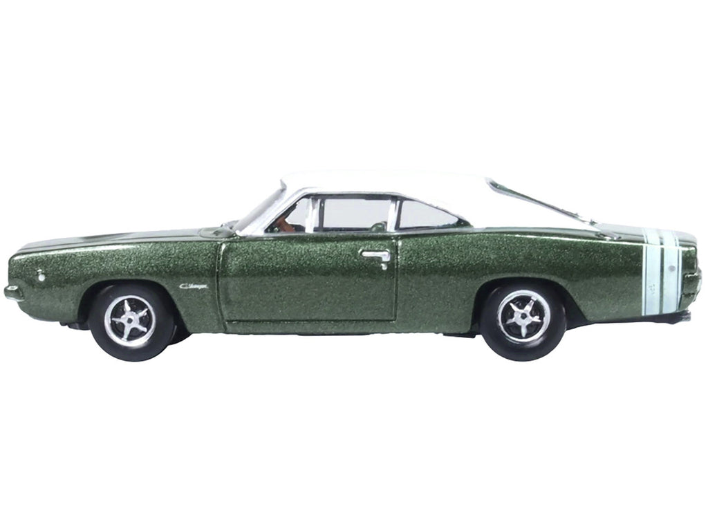 1968 Dodge Charger Racing Green Metallic with White Top and Tail Stripe 1/87 (HO) Scale Diecast Model Car by Oxford Diecast-0