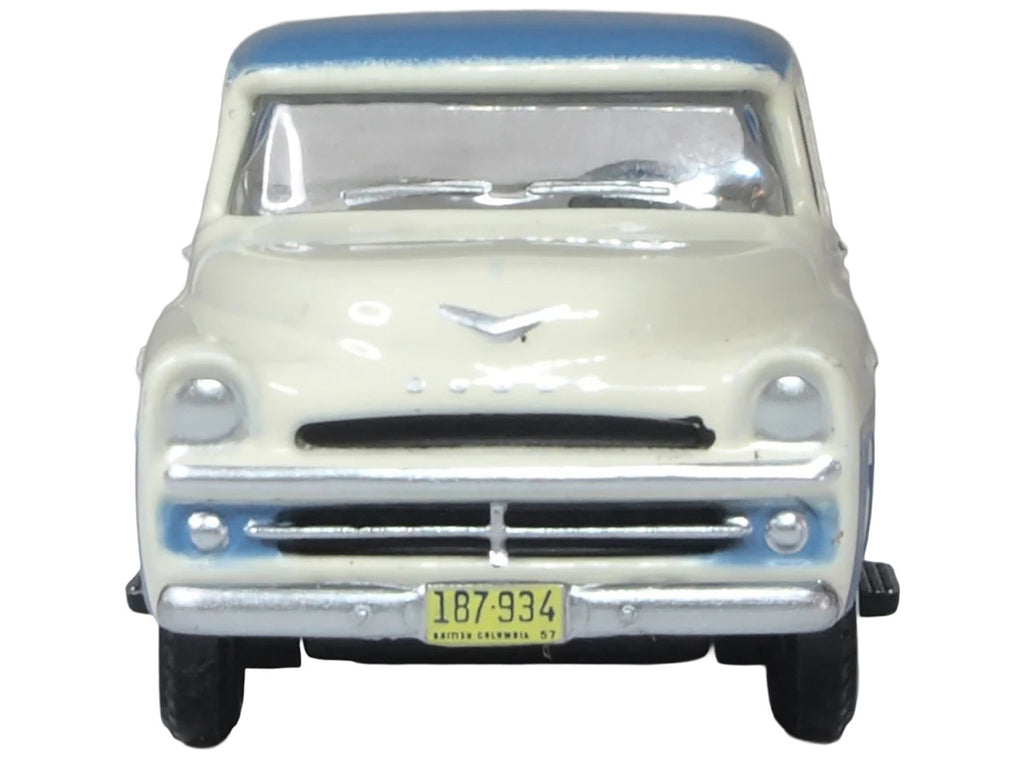 1957 Dodge D100 Sweptside Pickup Truck Ice Blue and Glacier White 1/87 (HO) Scale Diecast Model Car by Oxford Diecast-1