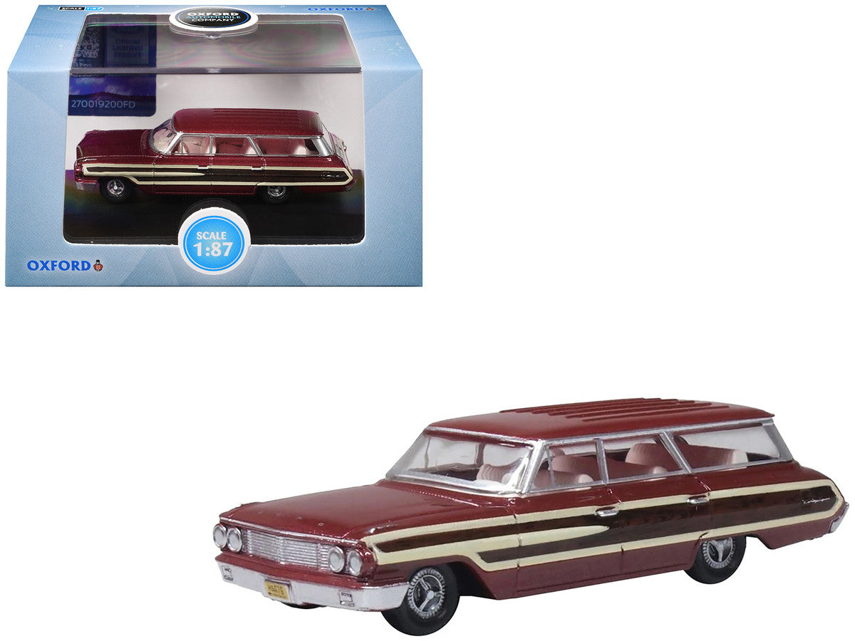 1964 Ford Country Station Wagon Squire Vintage Burgundy with Woodgrain Sides and White Interior 1/87 (HO) Scale Diecast Model Car by Oxford Diecast-3