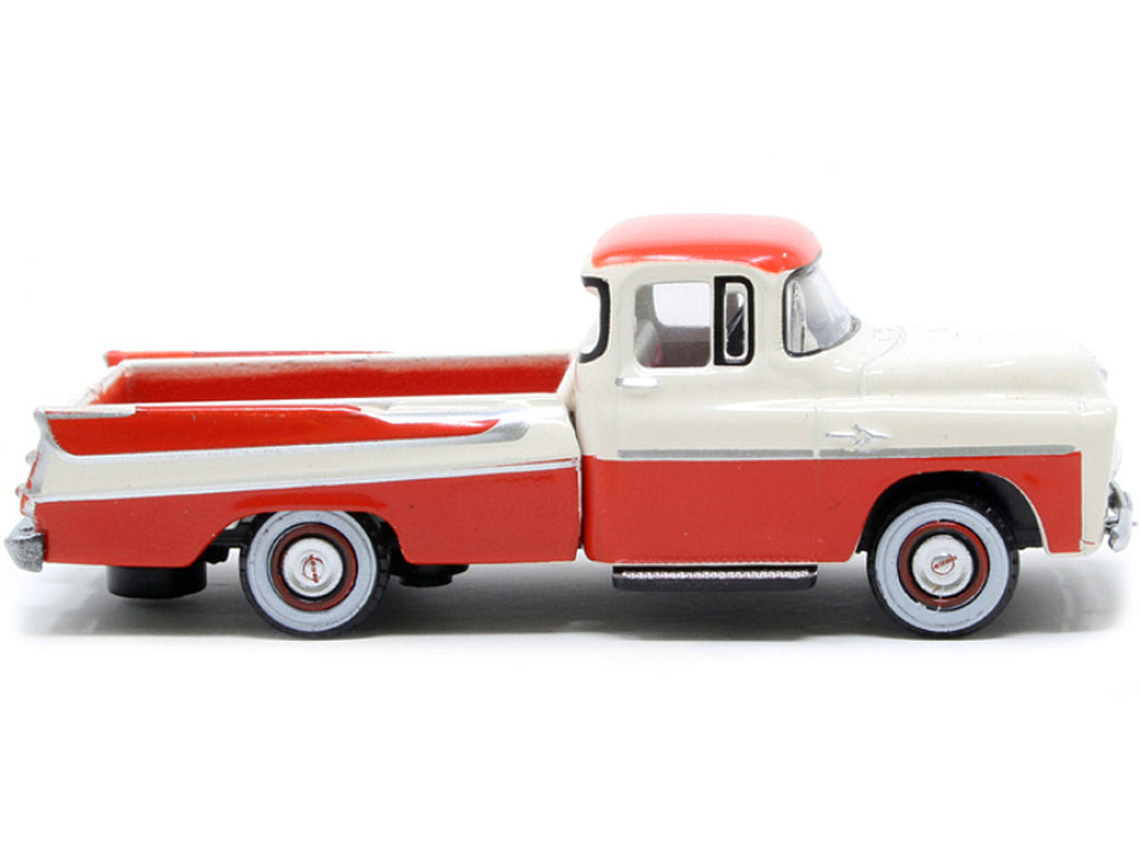 1957 Dodge D100 Sweptside Pickup Truck Tropical Coral and Glacier White 1/87 (HO) Scale Diecast Model Car by Oxford Diecast-1