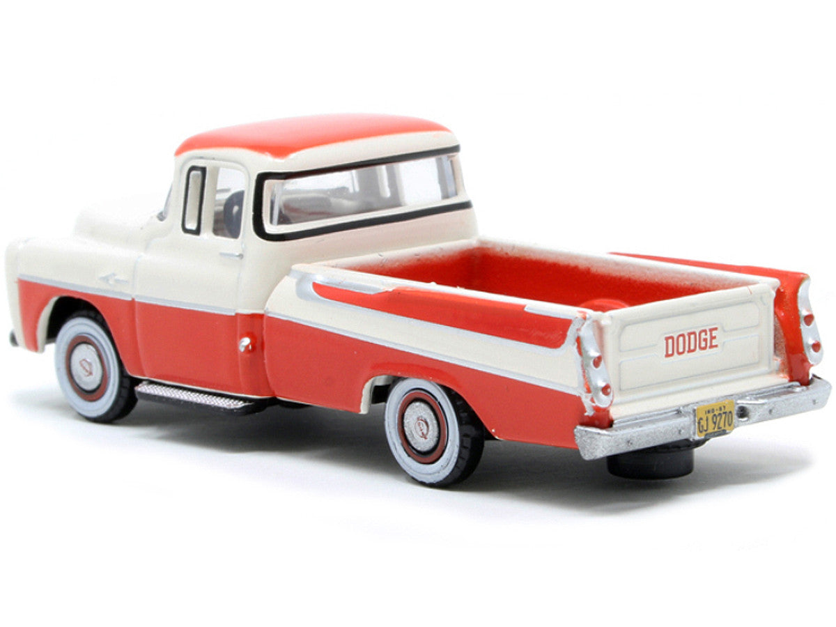 1957 Dodge D100 Sweptside Pickup Truck Tropical Coral and Glacier White 1/87 (HO) Scale Diecast Model Car by Oxford Diecast-2