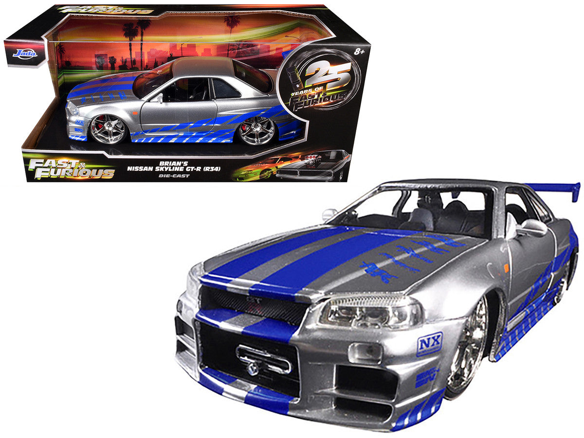 Brian's Nissan GTR Skyline R34 RHD (Right Hand Drive) Silver with Blue Stripes "Fast & Furious 25th Anniversary" 1/24 Diecast Model Car by Jada-0