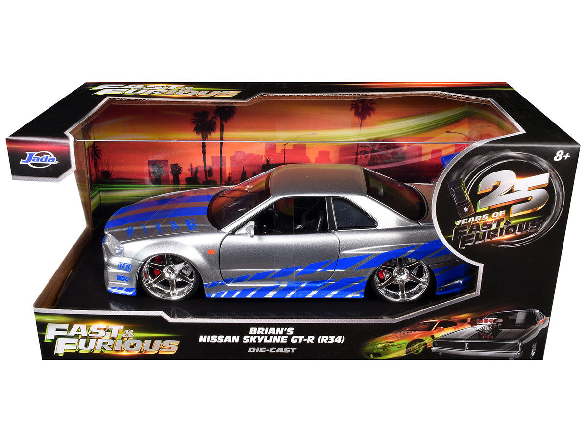 Brian's Nissan GTR Skyline R34 RHD (Right Hand Drive) Silver with Blue Stripes "Fast & Furious 25th Anniversary" 1/24 Diecast Model Car by Jada-2