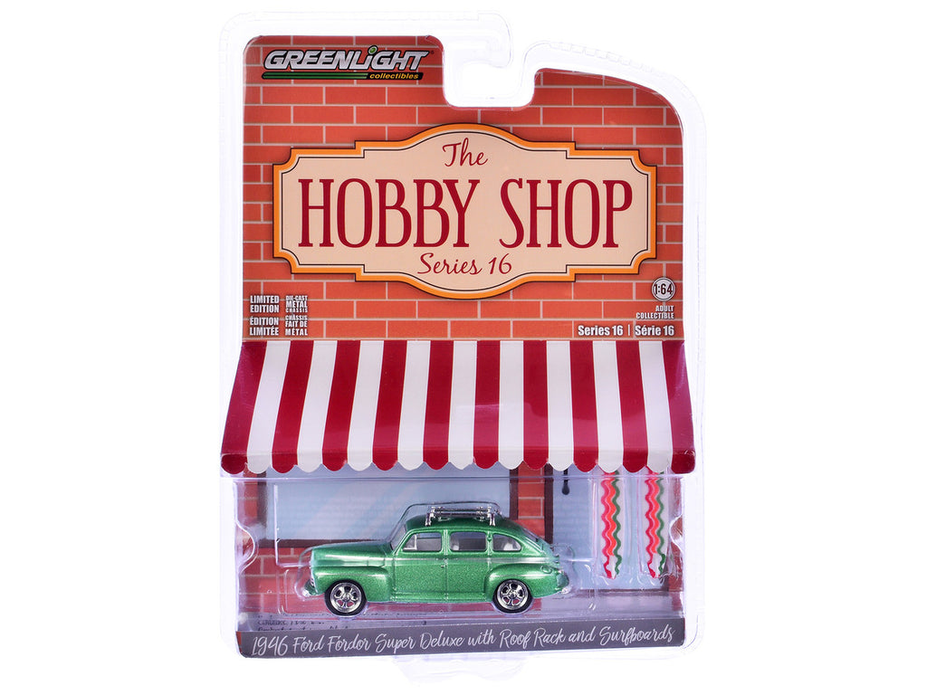 1946 Ford Fordor Super Deluxe Green Metallic with White Interior and Roof Rack with Surfboards "The Hobby Shop" Series 16 1/64 Diecast Model Car by Greenlight-0
