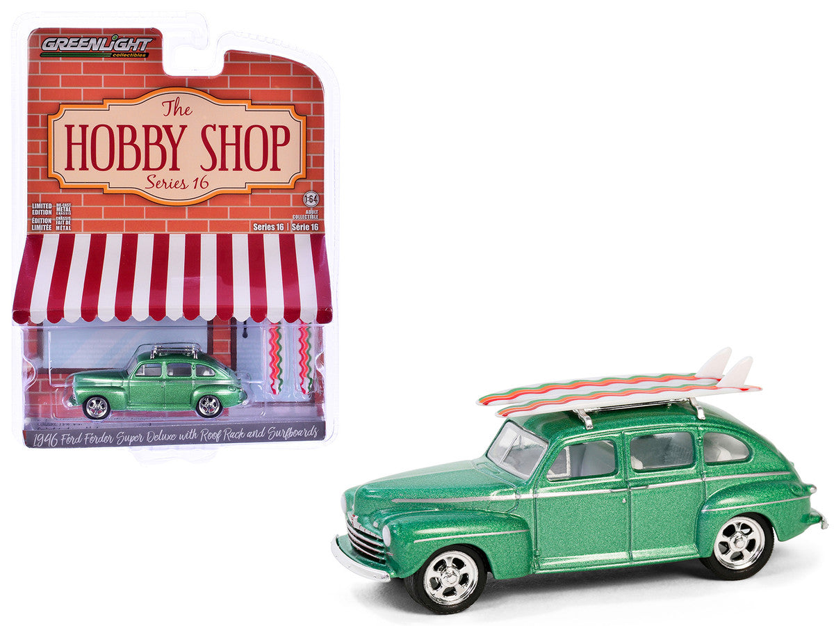 1946 Ford Fordor Super Deluxe Green Metallic with White Interior and Roof Rack with Surfboards "The Hobby Shop" Series 16 1/64 Diecast Model Car by Greenlight-2
