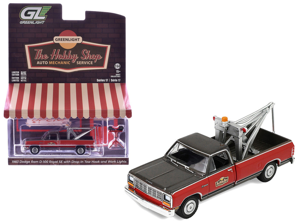 1983 Dodge Ram D-100 Royal SE Tow Truck with Drop-In Tow Hook "Hobby Shop Auto Mechanic" Brown and Red with Work Lights "The Hobby Shop" Series 17 1/64 Diecast Model Car by Greenlight-4