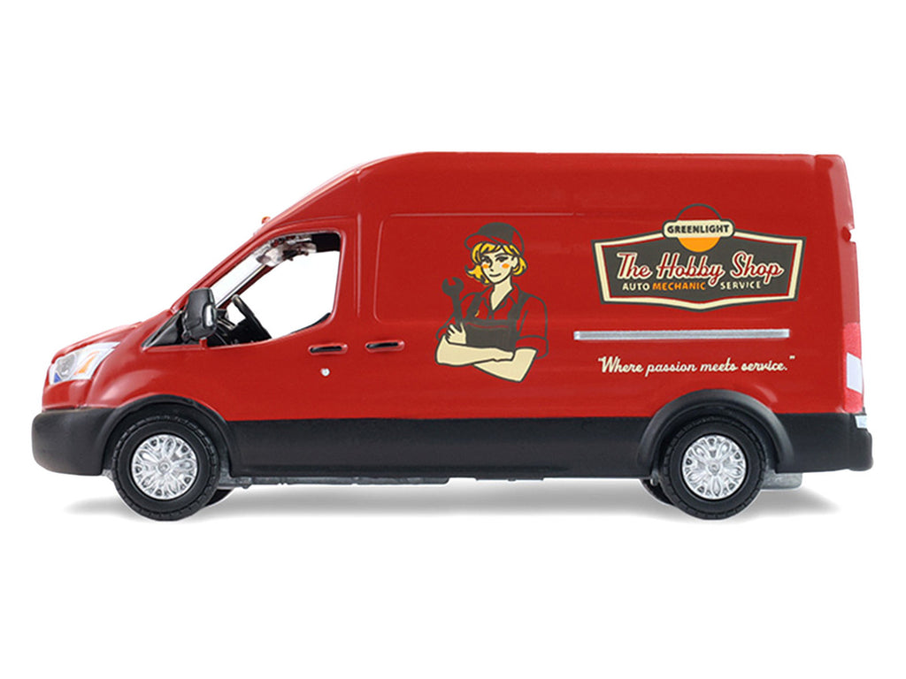 2019 Ford Transit LWB High Roof Van "Hobby Shop Auto Mechanic - Mobile Mechanic" Red with Car Jack and Battery "The Hobby Shop" Series 17 1/64 Diecast Model Car by Greenlight-2