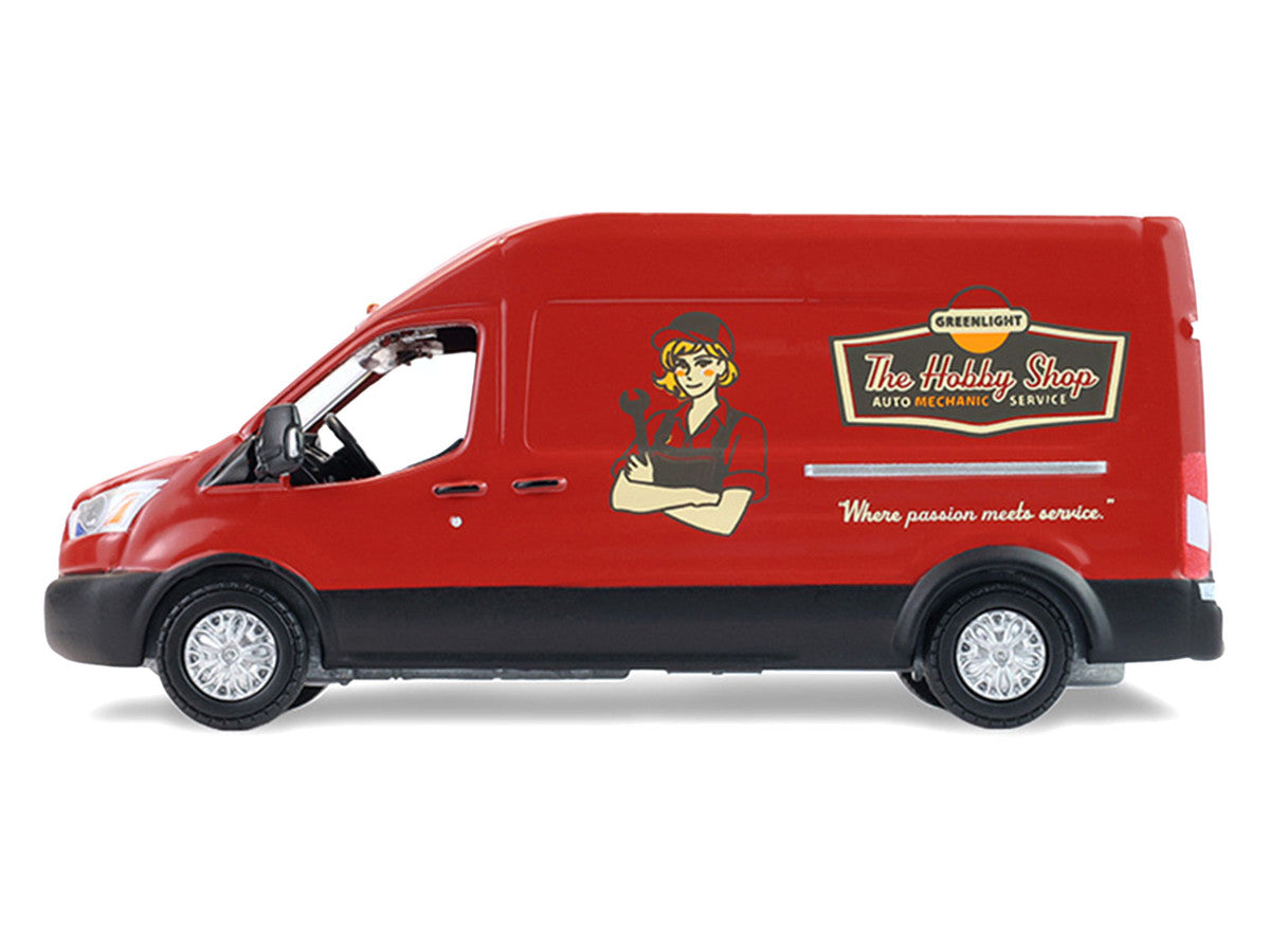 2019 Ford Transit LWB High Roof Van "Hobby Shop Auto Mechanic - Mobile Mechanic" Red with Car Jack and Battery "The Hobby Shop" Series 17 1/64 Diecast Model Car by Greenlight-2
