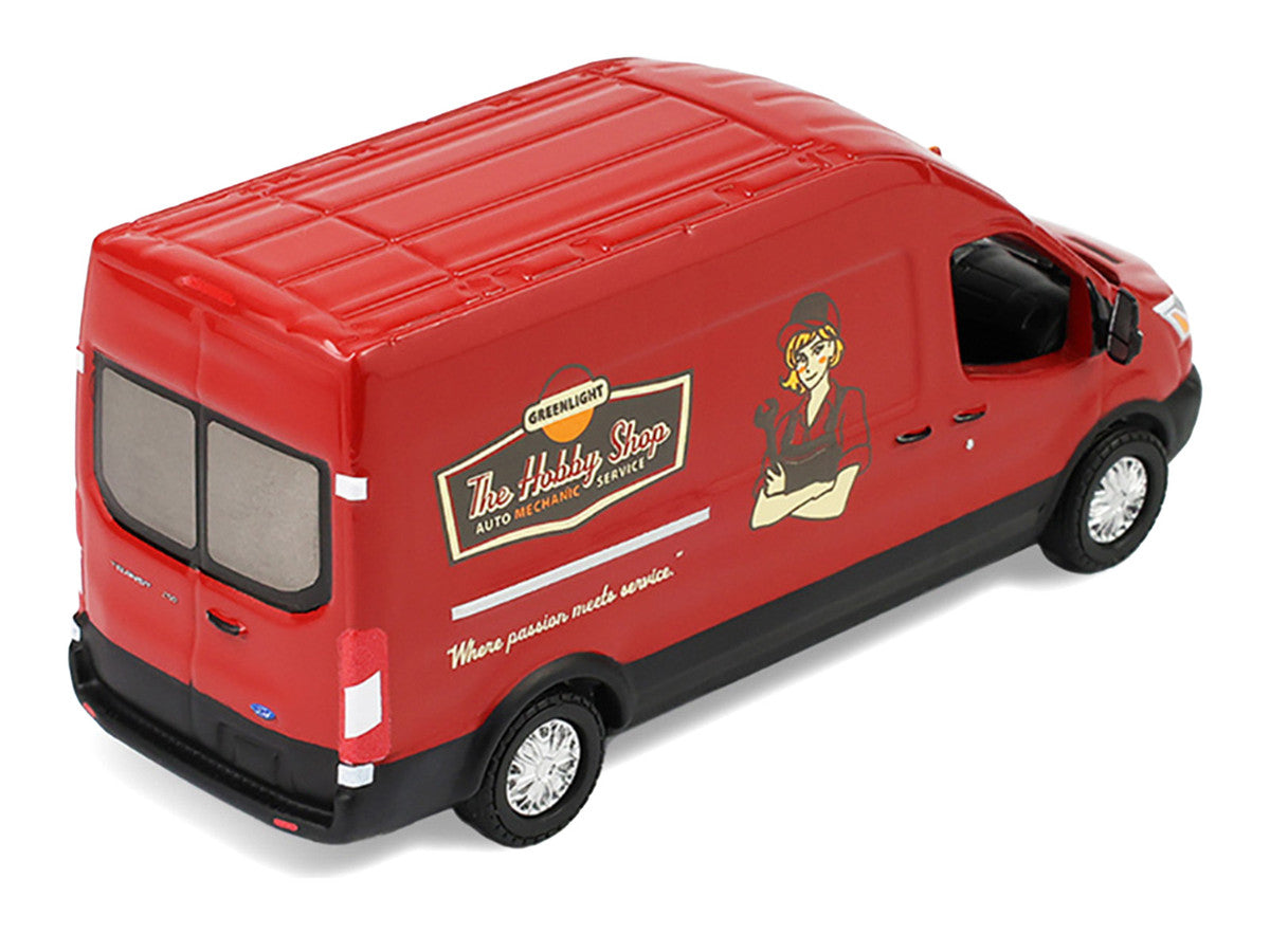 2019 Ford Transit LWB High Roof Van "Hobby Shop Auto Mechanic - Mobile Mechanic" Red with Car Jack and Battery "The Hobby Shop" Series 17 1/64 Diecast Model Car by Greenlight-3