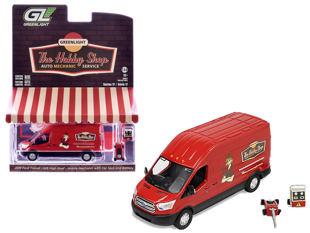 2019 Ford Transit LWB High Roof Van "Hobby Shop Auto Mechanic - Mobile Mechanic" Red with Car Jack and Battery "The Hobby Shop" Series 17 1/64 Diecast Model Car by Greenlight-4
