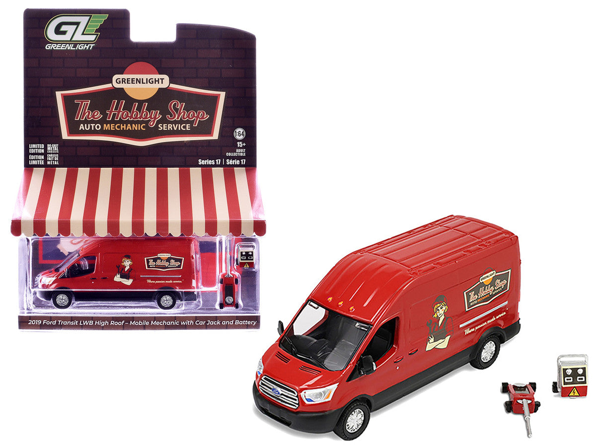 2019 Ford Transit LWB High Roof Van "Hobby Shop Auto Mechanic - Mobile Mechanic" Red with Car Jack and Battery "The Hobby Shop" Series 17 1/64 Diecast Model Car by Greenlight-4