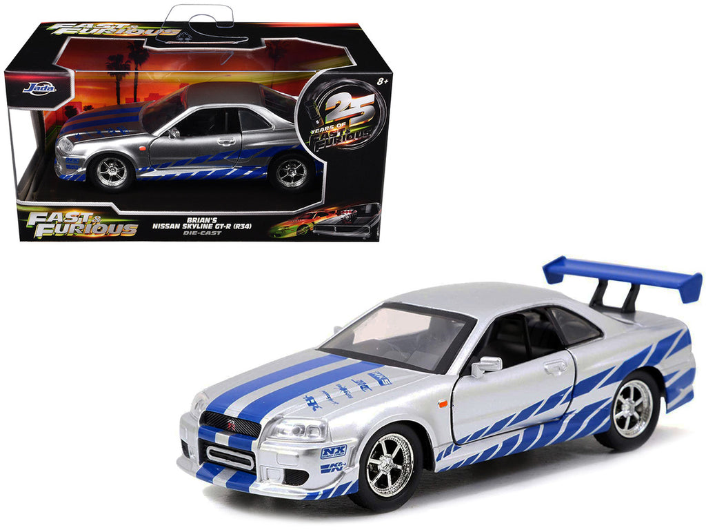 Brian's Nissan Skyline GT-R (R34) RHD (Right Hand Drive) Silver Metallic with Blue Stripes "2 Fast 2 Furious" (2003) Movie "Fast & Furious 25th Anniversary" Series 1/32 Diecast Car Model by Jada-4