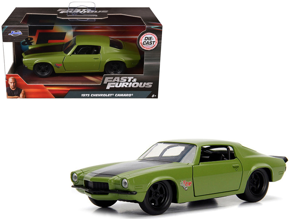 Dom's 1973 Chevrolet Camaro "F-Bomb" Matt Green with Black Hood Stripe "Fast & Furious" Movie 1/32 Diecast Model Car by Jada-2