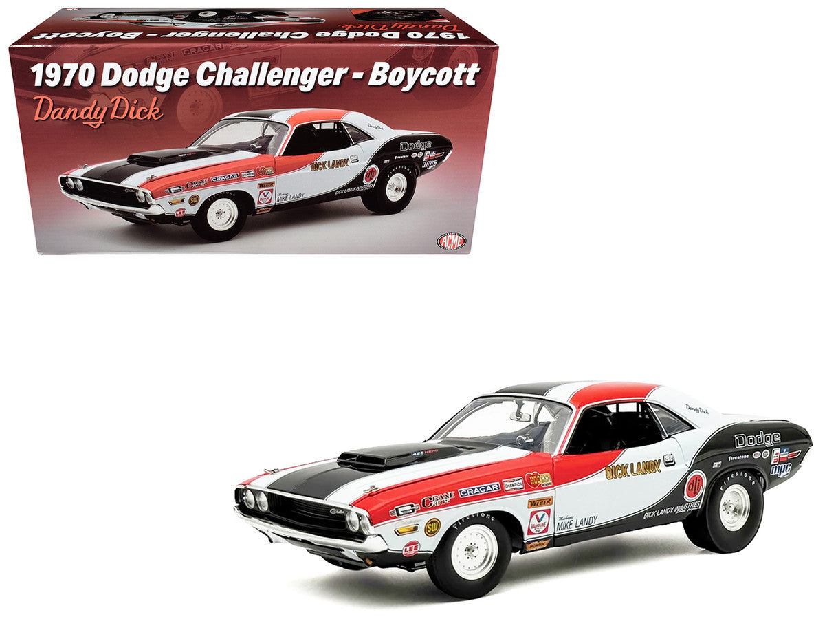 1970 Dodge Challenger "Boycott - 'Dandy' Dick Landy" White with Black and Red Stripes and Graphics Limited Edition to 500 pieces Worldwide 1/18 Diecast Model Car by ACME-0