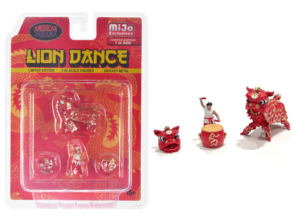 "Lion Dance" 4 piece Diecast Figure Set (1 Figures 1 Lion 2 Accessories) Limited Edition to 2400 pieces Worldwide for 1/64 Scale Models by American Diorama-0
