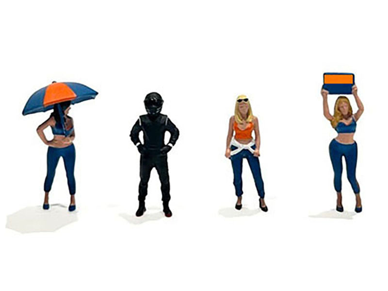 "Grid Girls" 5 piece Diecast Figure Set (4 People Figures 1 Umbrella) Limited Edition to 3600 pieces Worldwide for 1/64 Scale Models by American Diorama-1