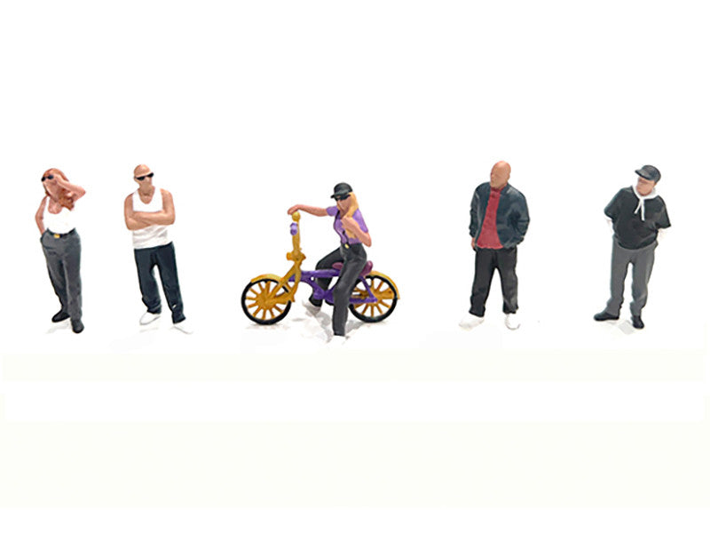 "Lowriders #5" 6 piece (5 People 1 Bicycle) Diecast Figures Set 1/64 Scale Models by American Diorama-1